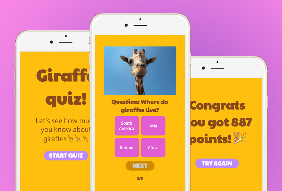 Three phones with screens from the quiz